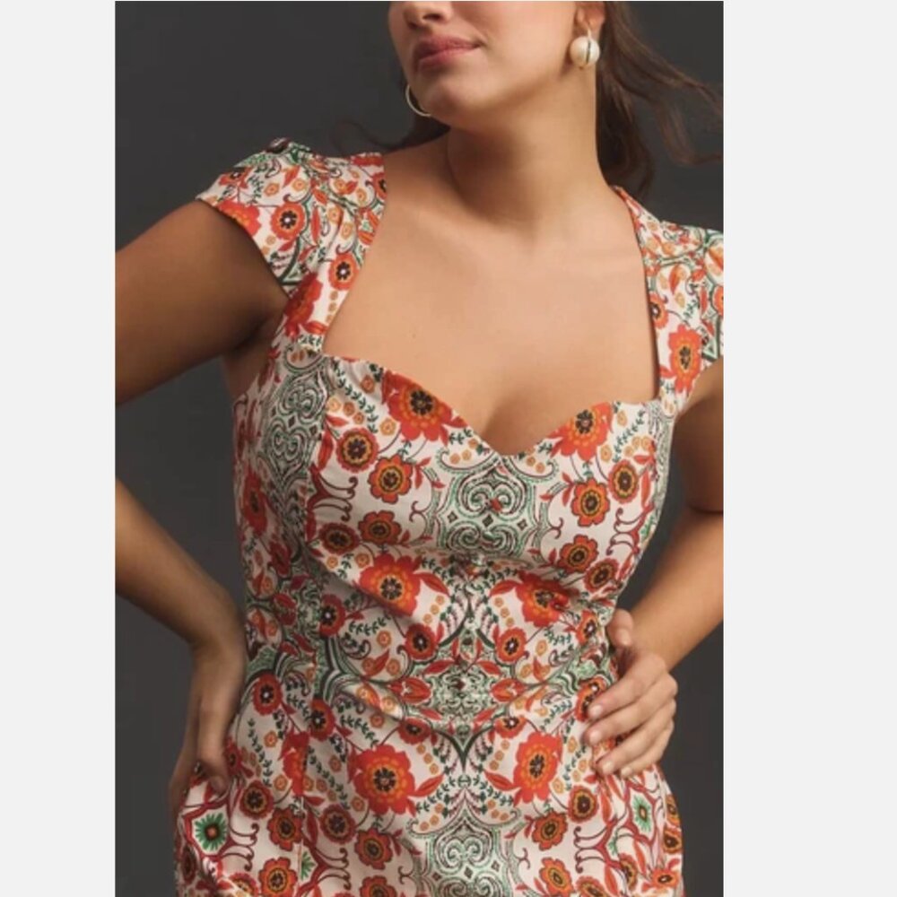 Anthropologie Cecily Fit & Flare Sweetheart Midi Dress ‎Orange Motif Floral L - Picture 3 of 14